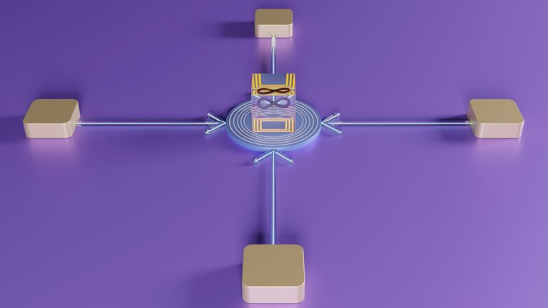 Abstract diagram of central module with four bidirectional connected blocks