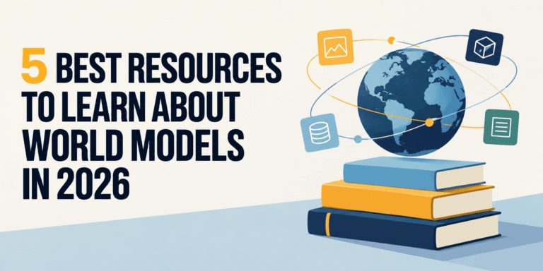 Illustration of books, globe, and icons with article title about world models resources