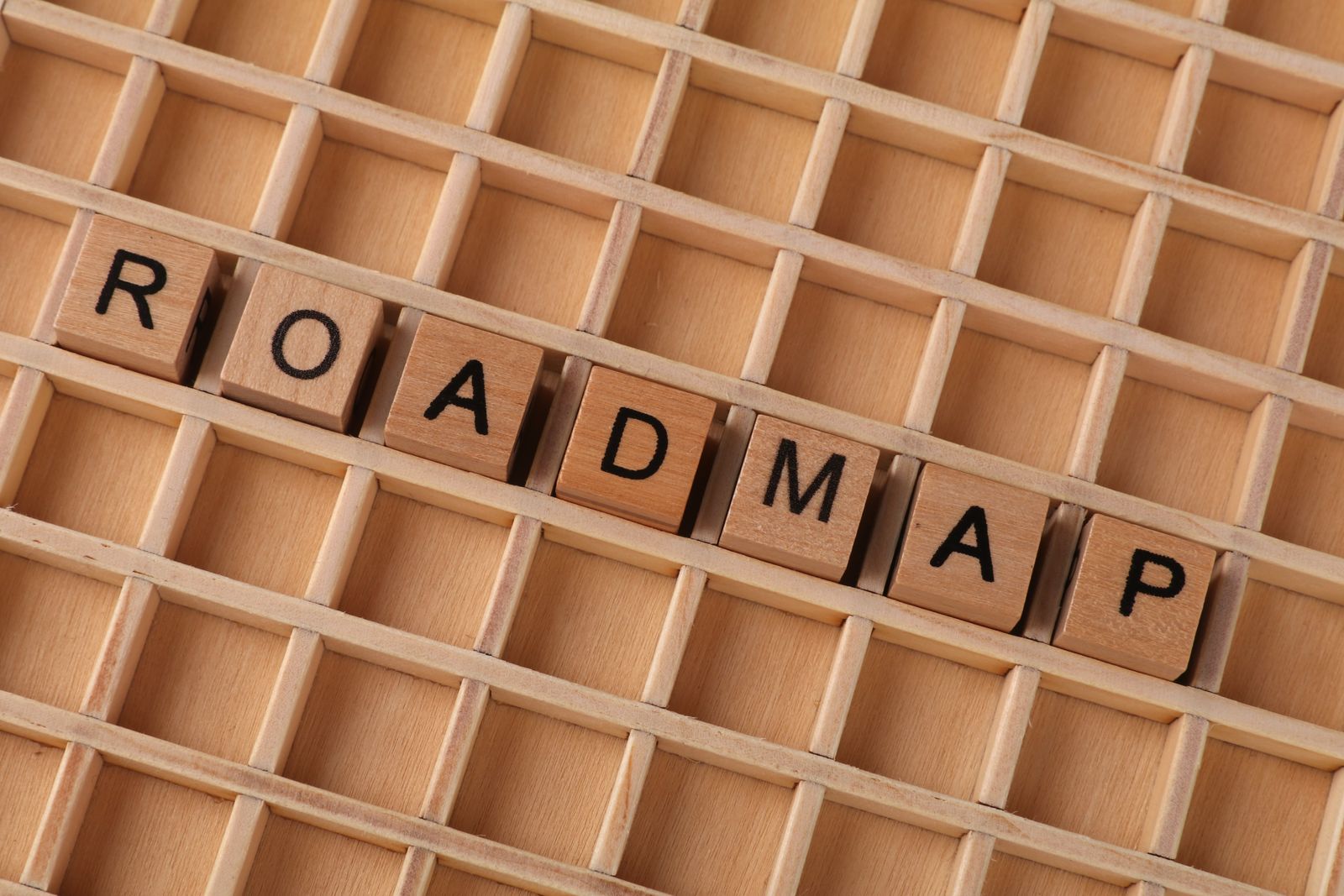 Wooden blocks spelling 'ROADMAP' on grid