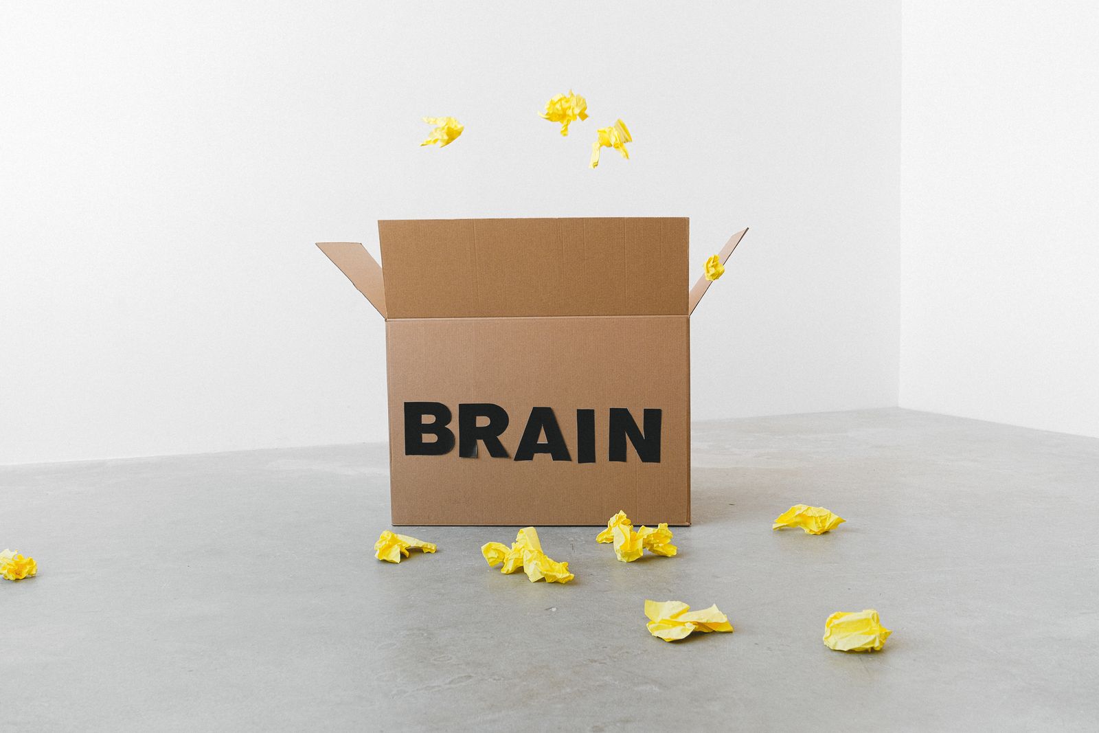 Brain inscription on cardboard box under flying paper pieces