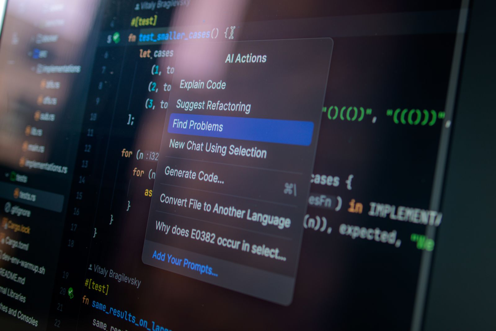 Close-up of Computer Screen with Code and Menu Options