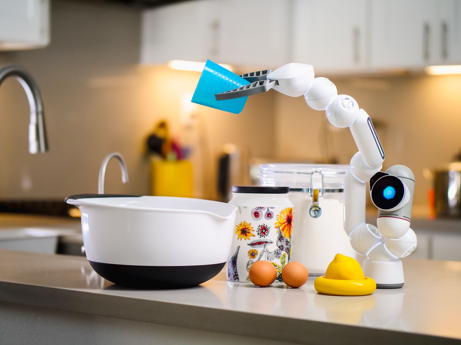 Gray and White Robot Holding Plastic Cup