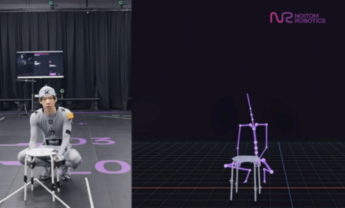 Split view of a motion-captured person and skeletal pose rendering with a stool
