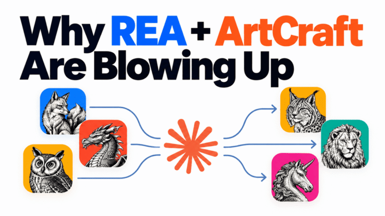 Diagram showing REA and ArtCraft text with animal app icons and arrows