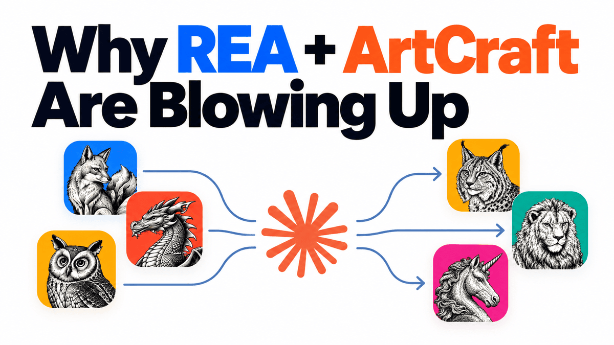 Diagram showing REA and ArtCraft text with animal app icons and arrows